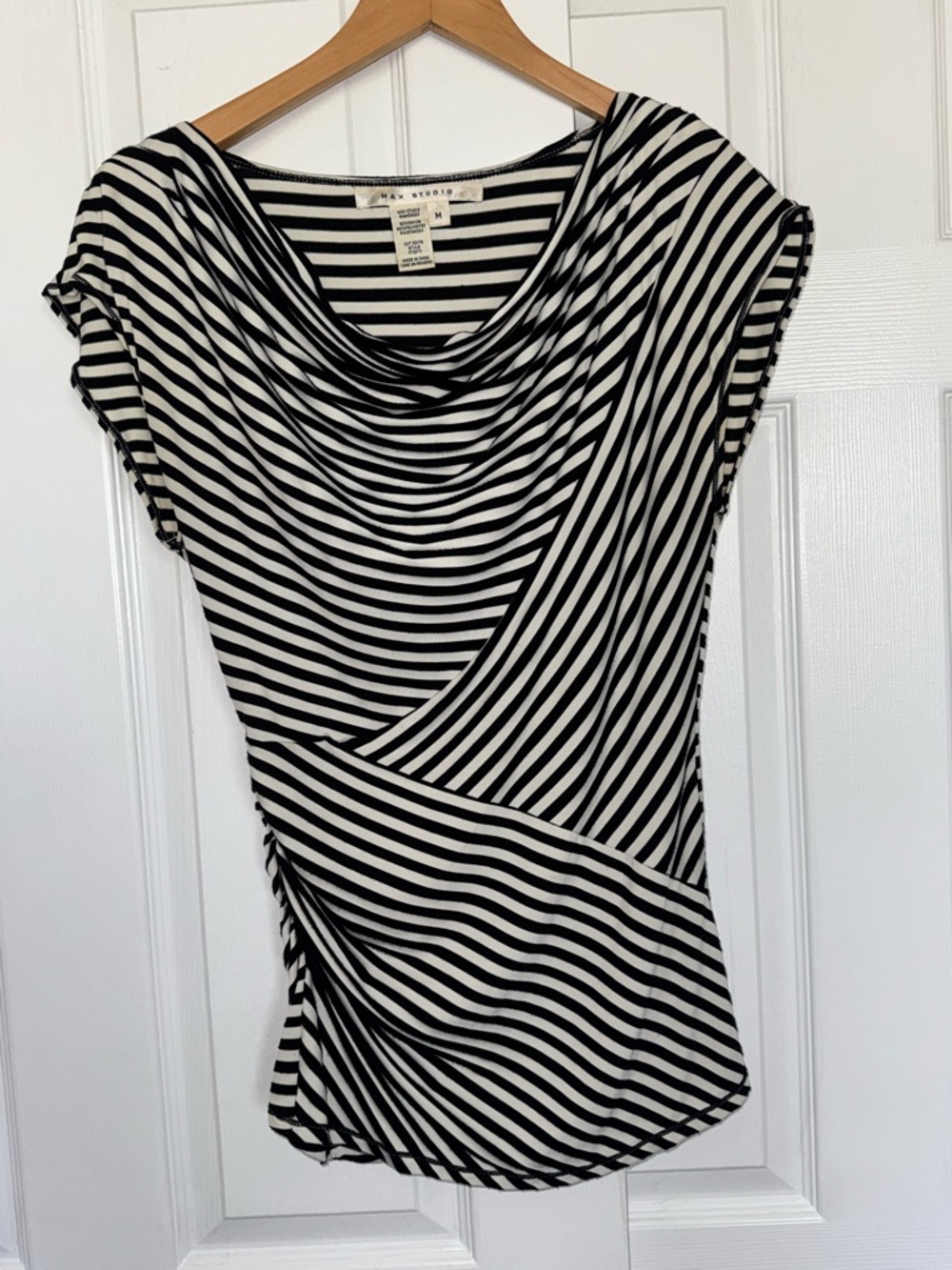 Max Studio Black and White Striped Cowl Neck Tee Medium